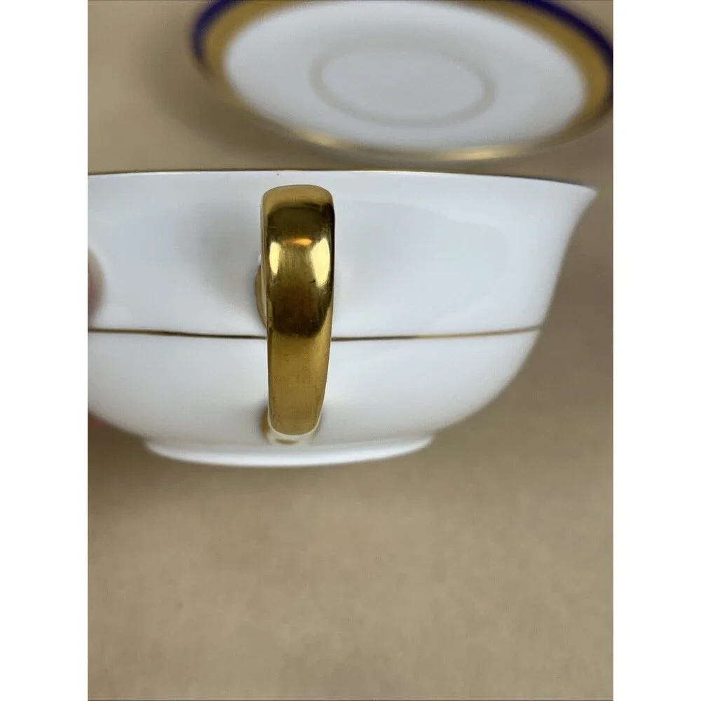 HTF Tirschenreuth P.T. Bavaria ARGYLE4279 Cream Soup Bowl,Saucer Cobalt Gold Rim